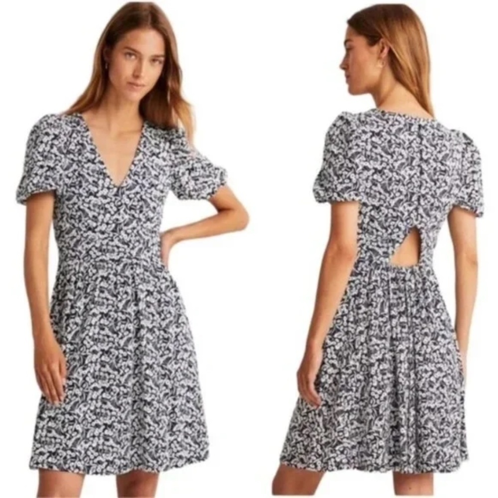 BODEN Back Detail Jersey Puff Sleeve Mini Dress Navy White Floral V-Neck NWT 4 - Picture 2 of 2